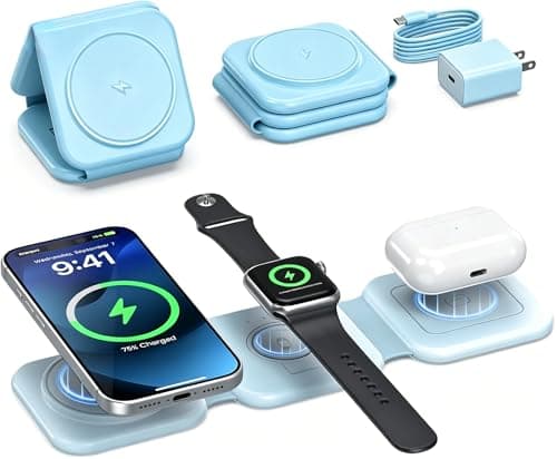 Dynzap Travel Charger 3-in-1 Multiple Devices: 15W Qi2 Foldable Magnetic Charging Station for Apple 17 17e 16 15 Pro Max Apple Watch AirPods Portable Design for Travel Home Office Use - Light Blue