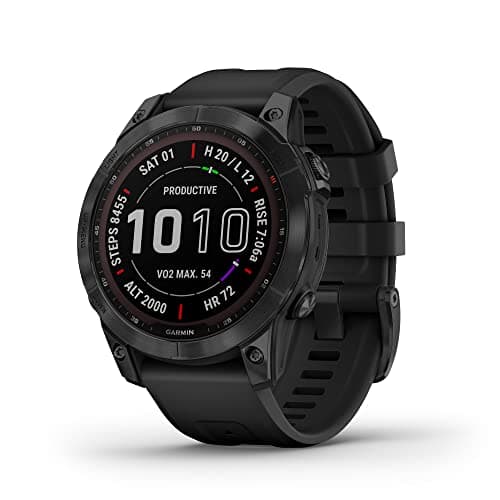 Garmin Fenix 7 Sapphire Solar, Smartwatch, with Solar Charging Capabilities, Rugged Outdoor Watch with GPS, Touchscreen, Wellness Features, Carbon Gray DLC Titanium with Black Band (Renewed)