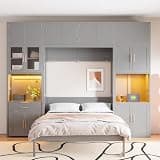 Full Size Murphy Bed with Storage Cabinets, Wall Bed with Extendable Desk