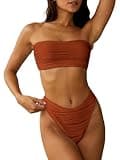 ZAFUL Women Strapless Textured Bandeau Bikini 2 Piece Swimwear Cheeky Solid Lace up Bathing Suits(1-Caramel,M)