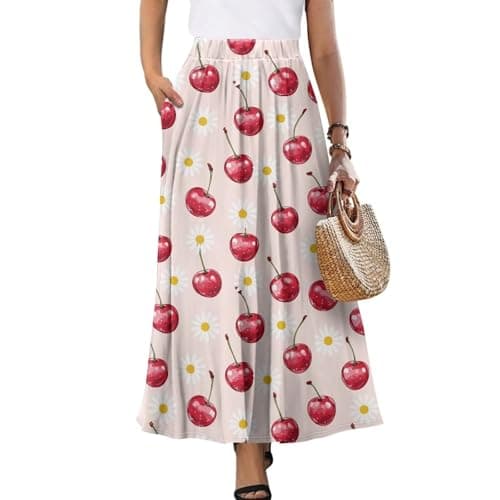 Hresuewn Cherry Daisy Womens Summer Casual Skirts Lightweight Maxi Skirt with Pockets 2026 Trendy Outfit for Women Ladies Loose Fit Plus Size