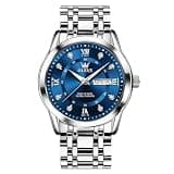 OLEVS Silver Watches for Men Blue Face Classic Stainless Steel Analog Quartz Men's Dress Watch with Date Day Large Luxury Roman Numerals Diamond Mens Wristwatch Waterproof Reloj para Hombre