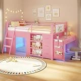 ADORNEVE Low Loft Bed with Desk and 5 Storage Drawers,Twin Loft Bed with Bookshelf and Blackboard,LED Lights & Under-Bed Play Space,Kids Loft Beds with 14''H Safety Guardrail,Inclined Ladder, Pink