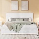 OFLILAK King Size Bed with Farmhouse Barn Door Headboard & Footboard, Solid Pine, 8.1in Under-Bed Storage, White