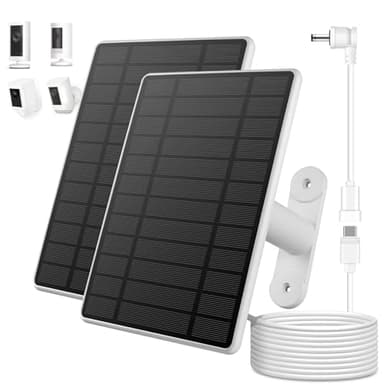 2 Pack Solar Panel for Ring Camera, 6W Solar Charger for Ring Stick Up Cam Plus/Pro & Spotlight Cam Battery Series, 360° Retractable Bracket,10ft Cable with Ring Barrel Plug to USB-C Adapter,White