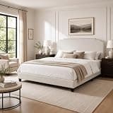 Furinno Nadia King Size Bed Frame with Nailhead Trim Headboard, Upholstered Bedframe with Legs, 12pcs Wooden Slat Support, Easy Assembly, for Bedroom, Dorm, Beige