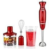 OVENTE Immersion Hand Blender Set, 300W Electric Handheld Stick Mixer, 2 Mixing Speeds with Stainless Steel Blades, Egg Whisk, Beaker & BPA-Free Food Chopper, Red HS565R