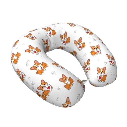 PPIKTC U-Shaped Travel Pillow Puppy Welsh Corgi and Heart Cute Funny Dog, Soft Memory Foam Neck Support for Sleeping on Airplanes and Car Rides