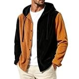 Auwer Mens Color Block Corduroy Jackets Stylish Fall Hooded Jacket Long Sleeve Button Down Streetwear Coat