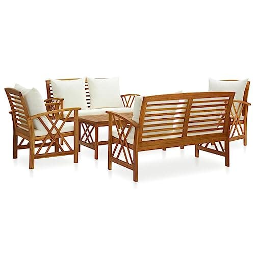 Quoril Garden Lounge Set Cream White Solid Acacia Wood with Oiled Finish 5 Piece Patio Table and Chairs Set for Outdoor Dining and Relaxing on Deck Furniture