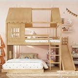KEIKI Full over Full Size House-Shaped Wooden Bunk Bed Frame with Storage Shelves & Wardrobe, Playhouse Design Bunk Bed with Ladder & Slide, No Box Spring Required, Easy Assembly, for Bedroom, Natural