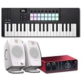 Novation Launchkey Mini 37 MK4 MIDI Keyboard Controller White Bundle with ADAM Audio D3V White Monitors and Focusrite Scarlett 4i4 — 4-In/4-Out Music Production Kit for Beat Making, Songwriting