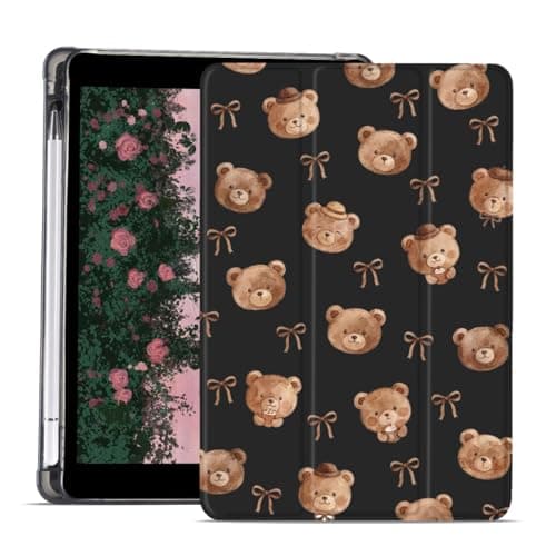 AdorableWhimsy Cute Animal Case for iPad Pro 4th/3rd/2nd/1st Gen(2022/2021/2020/2018) 11 Inch Kawaii Bear Bow Trifold Tablet Protective Case White Leather Soft Back Cover with Pencil Holder