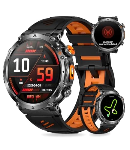 TAYSHILEY Men's Military Smart Watch with GPS, 1.7-Inch HD Screen, 3ATM, Supports Answer/Make Calls, with LED Flashlight, 100+ Sports Modes, Fitness Tracker (Black and Orange Tape)