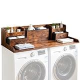 2 Tiers Washer Dryer Countertop with Clothes Bin, 54" W*27.5" D Washer and Dryer Countertop with 2 Drawers & Non-Slip Pad, for Laundry Room Organization, Raised Safety Edges, Rustic Brown