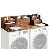 2 Tiers Washer Dryer Countertop with Clothes Bin, 54" W*27.5" D Washer and Dryer Countertop with 2 Drawers & Non-Slip Pad, for Laundry Room Organization, Raised Safety Edges, Rustic Brown