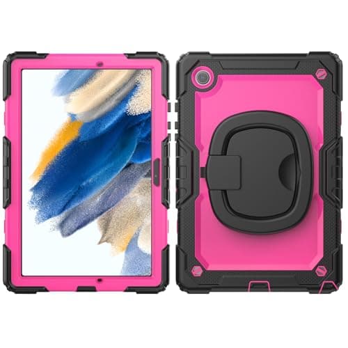 for Samsung Galaxy Tab A8 X205/X200 Case 2021 10.5" Case with Screen Protector, Full Body Protective Rugged Cover Rotating Handle Silicone Case for Galaxy Tab A8 10.5 inch(Rose pc)