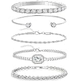 GlamSavvyFZ 5PCS Silver Bracelet Set for Women, Cubic Zirconia Link & Bangle Bracelets, Adjustable Layered Chain Jewelry Set for Stacking & Everyday Wear