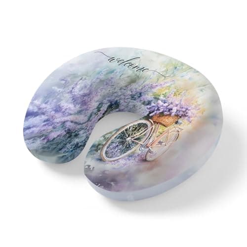 ZFUNCING Travel Pillows U-Shaped Neck Pillow Welcome Words Lavender Bike Ergonomic Memory Foam Pillow Head Cushion,Pastoral Floral Art Soft Portable Neck Pillows for Office Airplane Car Train