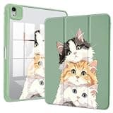 for iPad 11 inch (A16 Chip) Case 2025 11th Gen /10.9 inch 2022 10th Gen with Pencil Holder, Auto Sleep/Wake, Cute Kawaii Cat Green Leather Trifold Stand Smart Cover with Hard Shell Back