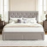 Takywep King Size Bed Frame with 2 Storage Drawers, Upholstered Platform Bed with Tufted Velvet Headboard, Wooden Slat Support, Noise Free, No Box Spring Needed, Beige