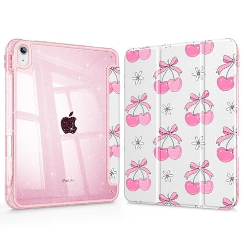 May Chen Gitter Pearl Silk for iPad Air 11 (M4 2026/M3 2025/M2 2024), iPad Air 4 & 5 10.9 Inch 5th 4th (2022/2020), Sparkly Clear Back Protective Stand Cover with Pencil Holder, Cute Cherry
