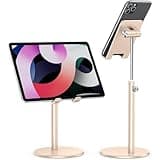OMOTON Cell Phone Stand, Angle Height Adjustable Phone Stand, Aluminum Desktop Phone Holder Dock Stand for Desk, Compatible with iPhone 17 Pro Max, All Smartphones and Tablets(4-11''),Gold