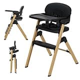 Baby High Chair for Babies Toddlers, Foldable Portable Highchair, Toddler Feeding Seat, Easy Clean Waterproof Cushion, Removable Tray, Adjustable Footrest, Black Wood Grain Legs