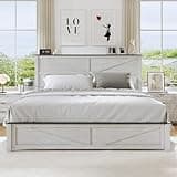 Mxhtcewz King Size Farmhouse Wood Bed Frame with Geometric Headboard, Wooden Platform Bedframe with Footboard, No Box Spring Needed, Noise Free, White