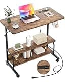 Armocity Rolling Standing Desk with Charging Station, Portable Height Adjustable Mobile Computer Desk with Wheels & 2-Tier Shelves & Hooks, Easy Assembly Laptop Table for Couch Bed, 32" Rustic Brown