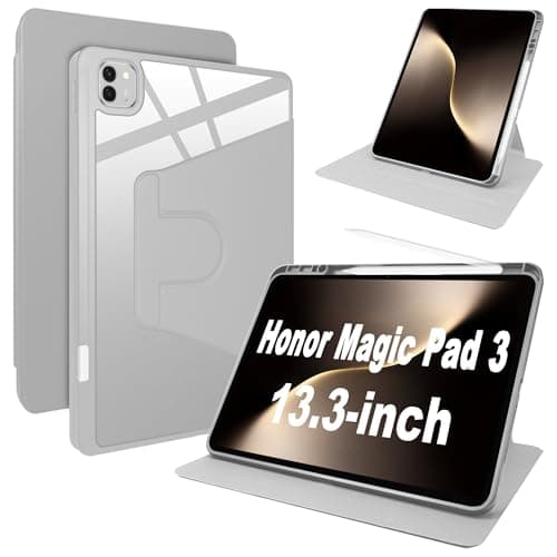 Lemxiee PU Leather Cover for Honor Magic Pad 3 Case with Swivel stand & Pen slot position,PU leather + Transparent Acrylic