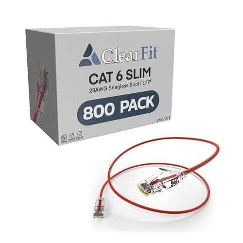 ClearFit Slim 800 Pack - 1 Foot Cat6 28AWG Ethernet Cable, Clear Boot, Cat 6 Internet, Data Center Rated, Red, 1 Foot, by UNC Group