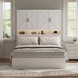 Full Size Bed Frame with Bookshelf, 4-in-1 Bed with Storage Cabinet & Nightstand, LED Headboard with Charging Station, Wooden Platform Bed with Drawers for Bedroom, White
