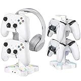 KDD Gaming Headphones Stand, Rotatable Headset Stand with Light Modes - Controller Holder with 2 USB Charging Ports and 3.5mm - Earphone Hanger Accessories for Desktop Gamer(White)