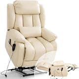 Lay Flat Power Lift Recliner Chair for Elderly Adults, Dual Motor Electric Adjustable Sofa with Massage and Heating, Leather Recliner with Lumbar Pillow and Extended Footrest