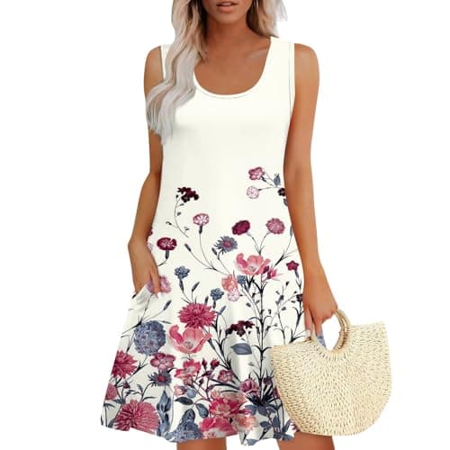 Womens Summer Dresses Loose U Neck Sleeveless Sundresses Beach Casual Floral Print Boho Dress with Pockets