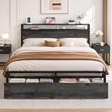 LIKIMIO Queen Bed Frame with 2 2-Tier Storage Headboard, Platform Bed with 2 Drawers and Charging Station, No Box Spring Needed, Easy Assembly, Charcoal Grey