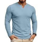 Ctreela Mens Long Sleeve Muscle T Shirts Casual Cut Out V-Neck Slim Fit Ribbed Tee Shirts Basic Workout Undershirt Blue