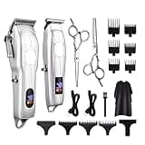 Barber Scissors Hair Clippers for Men, 2PCS Professional Electric Cutting Machine Kit Adjustable LCD Rechargeable Man Shaver Trimmer Men's(Silver)