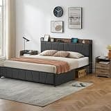 IDEALHOUSE Queen Size Upholstered Platform Bed Frame with Storage Headboard & 2 Drawers - Charging Station, USB Ports, Heavy Duty, Easy Assembly, Noise-Free, No Box Spring Needed - Heather Gray, QUEEN