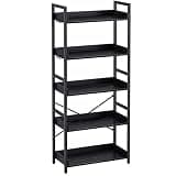 Rolanstar Bookshelf 5 Tier with 4 Hooks, Industrial Wood Bookcase, Vintage Storage Rack with Open Shelves, Rustic Standing Bookshelves Wood Frame Display Rack for Living Room, Bedroom, Black