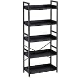 Rolanstar Bookshelf 5 Tier with 4 Hooks, Industrial Wood Bookcase, Vintage Storage Rack with Open Shelves, Rustic Standing Bookshelves Wood Frame Display Rack for Living Room, Bedroom, Black