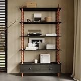 GENTERUN 74.4" Tall Narrow Bookshelf with 2 Drawers, 5 Tier Solid Wood Bookcase, Open Shelving, Freestanding Modern Vertical Wood Shelf, Large Thin Bookcase for Living Room Bedroom Home Office