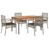 WDSAYREH 5 Piece Patio Dining Set with Gray Poly Rattan, Outdoor Dining Set with Cushions, Acacia Wood Tabletop and Powder-Coated Steel Frame