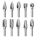 Tungsten Carbide Rotary Burr Set for Dremel, 10PCS Carbide Double Cut Carving Burr Bits with 1/8” Shank Rotary Tool Accessories for Woodworking, Engraving, Drilling, Steel Metal Working