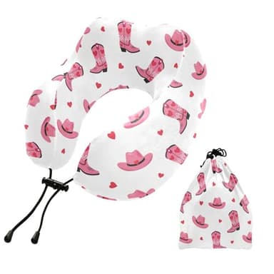Western Cowboy Pink Boot Print Travel Neck Pillow for Sleeping Airplane Memory Foam Neck Support Pillow with Storage Bag Sleeper Hold Pillow for Office Home Car Train Bus Long Flight Adults Kids