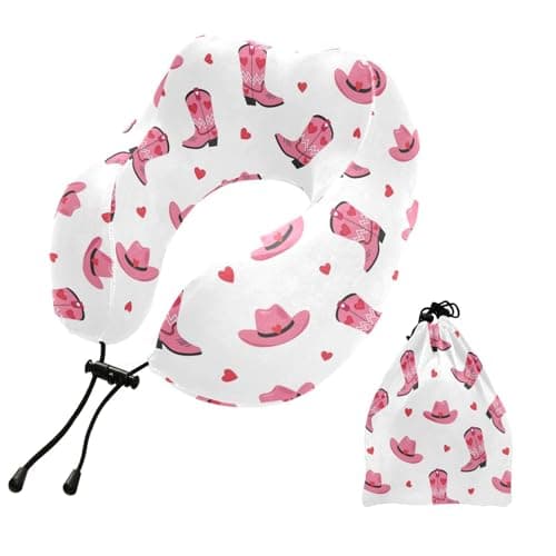 Western Cowboy Pink Boot Print Travel Neck Pillow for Sleeping Airplane Memory Foam Neck Support Pillow with Storage Bag Sleeper Hold Pillow for Office Home Car Train Bus Long Flight Adults Kids