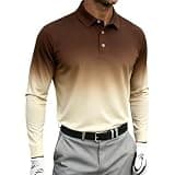 Men Ombre Polo Shirt Long Sleeve Button Front Slim Fit Stretchy Blouses Casual Golf Business Athletic Pullover Tops Coffee