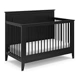 Pemberly Row 4-in-1 Pine Wood Convertible Crib, Black Finish, Adjustable Mattress Base, Dowel Sides, Sleek Back Panel, 42.8" H x 55.83" W x 30.14" D, Nursery Furniture for Baby