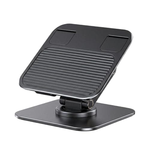 Adjustable Tablet Stand, 360° Rotating Foldable Desktop Phone Holder with Metal Base, Multi-Angle View for iPad, Tablets & Phones (Black, Aluminum Alloy)